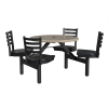 36 inch round outdoor cluster table with tan fiberglass top and black seats with steel frame