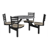 36 inch outdoor cluster table with gray fiberglass top and mixed color seats for commercial patio seating