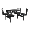 36 inch round fiberglass outdoor cluster table with black top and tan seats on steel frame