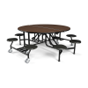 60 inch round folding cafeteria table with attached stool seats, walnut laminate top and black steel frame on casters