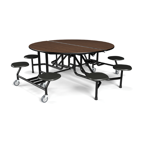 60 inch round folding cafeteria table with attached stool seats, walnut laminate top and black steel frame on casters