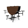 folded 60 inch round cafeteria table with attached seats showing compact nesting design and mobile casters
