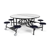 60 inch round mobile cafeteria table with gray laminate top and blue attached stool seats on steel frame