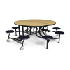 60 inch round folding lunchroom table with maple laminate top and blue stool seats with powder coated frame