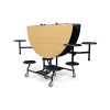 folded 60 inch round cafeteria table with maple top and attached seats showing space saving design