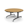 60 inch round folding lunchroom table with maple laminate top and black steel frame with casters for flexible seating
