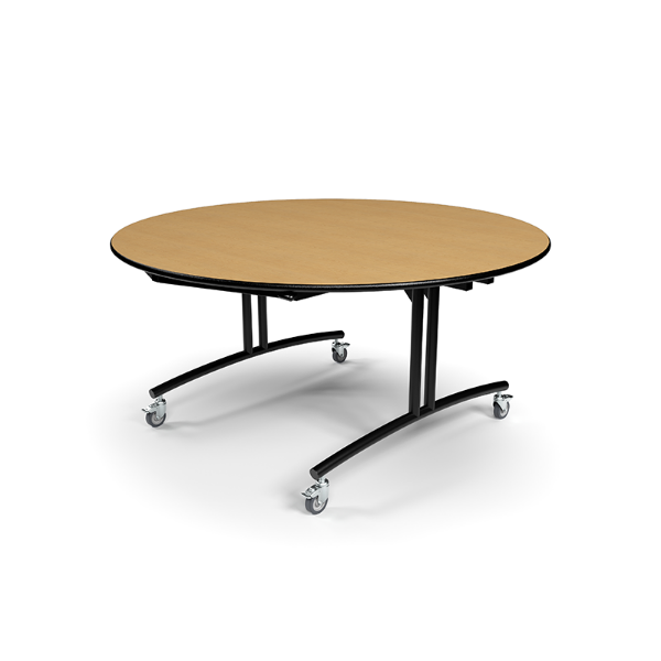 60 inch round folding lunchroom table with maple laminate top and black steel frame with casters for flexible seating