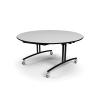 60 inch round folding cafeteria table with gray laminate top and powder coated steel frame on casters