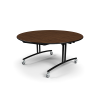 60 inch round folding lunchroom table with walnut laminate top and durable steel frame with caster mobility