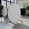 60 inch round folding tables stored vertically on casters in multipurpose room for space saving storage