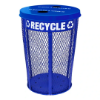 Blue 48 gallon expanded metal recycling receptacle with dual bottle and can openings and white recycle lettering