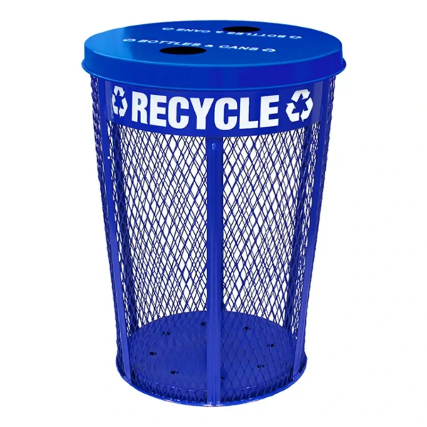 Blue 48 gallon expanded metal recycling receptacle with dual bottle and can openings and white recycle lettering