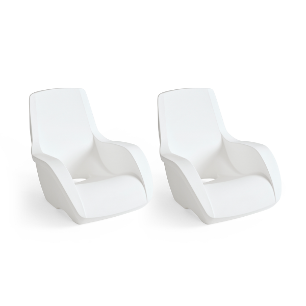 Two white Forma commercial in-pool lounge chairs with integrated armrests and ergonomic design