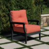 Blue Ridge HDPE outdoor lounge chair with deep seating cushions, weather-resistant recycled plastic frame, and all-weather outdoor fabric