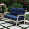 Blue Ridge HDPE outdoor loveseat with deep seating cushions, weather-resistant recycled plastic frame, and all-weather outdoor fabric