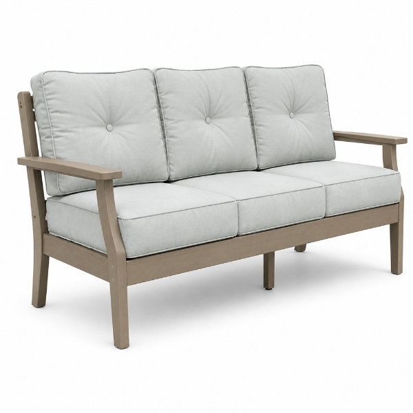 Blue Ridge HDPE outdoor sofa with recycled plastic frame and all-weather cushions for commercial patios, hotels, resorts, pool decks, and outdoor lounge spaces