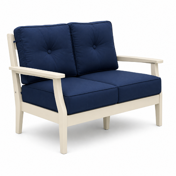 Blue Ridge HDPE outdoor loveseat with recycled plastic frame and all-weather cushions for commercial patios, hotels, resorts, pool decks, and outdoor lounge spaces