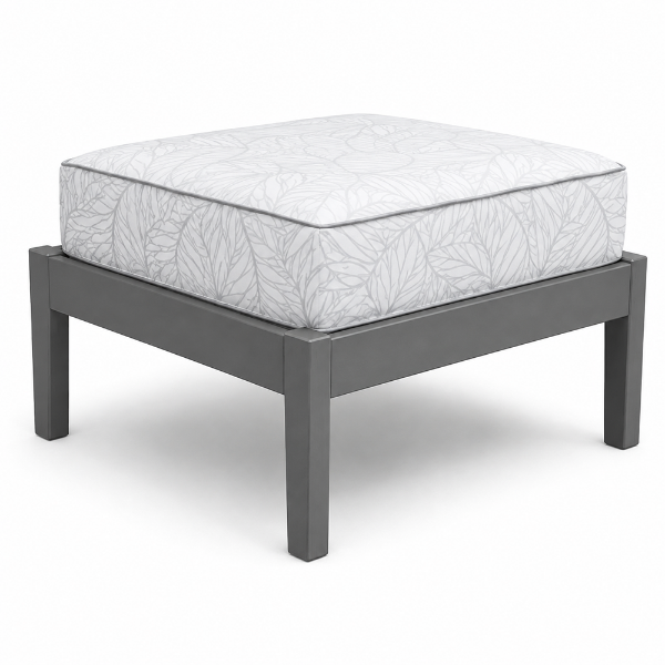 Blue Ridge HDPE outdoor ottoman with recycled plastic frame and all-weather cushion for commercial patios, hotels, resorts, pool decks, and outdoor lounge seating