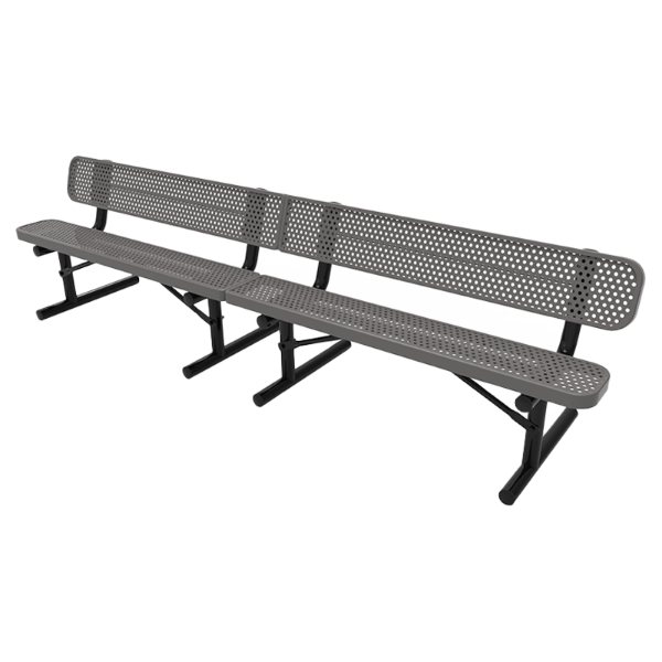 ELITE 10 ft. thermoplastic coated perforated steel bench with back, 1/2-inch punched holes, and black steel frame