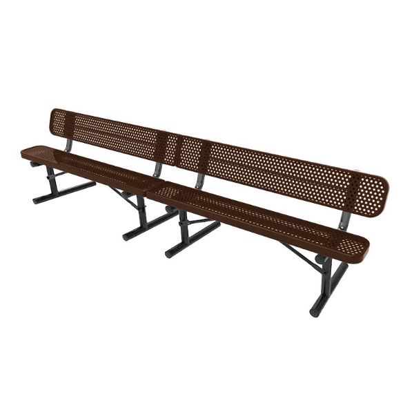 Brown ELITE 10 ft. thermoplastic coated perforated steel bench with back, 1/2-inch punched holes, and black steel frame