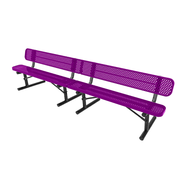 RHINO 10 ft. thermoplastic coated perforated steel bench with back featuring purple seat and back panels with a black portable frame