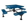 ELITE 46-inch Nexus square thermoplastic coated perforated steel pedestal picnic table with blue tabletop and benches and black surface-mount frame