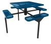 ELITE 46-inch Nexus square thermoplastic coated perforated steel pedestal picnic table with blue tabletop and benches and black in-ground frame