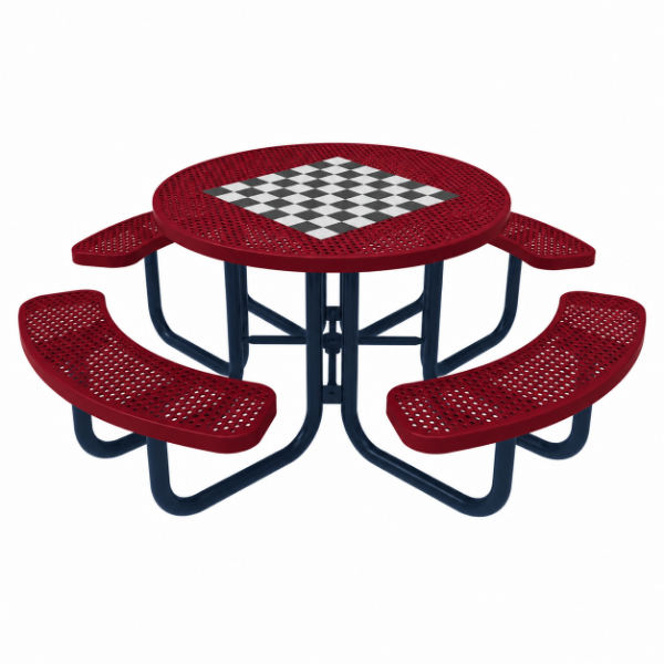 ELITE 46" Round Thermoplastic Coated Perforated Steel Picnic Table with Decal Gameboard, Portable