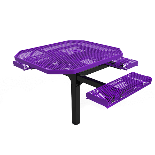 ELITE 46" x 63" ADA compliant octagon thermoplastic coated expanded steel picnic table in purple with three rolled seats and in-ground pedestal frame