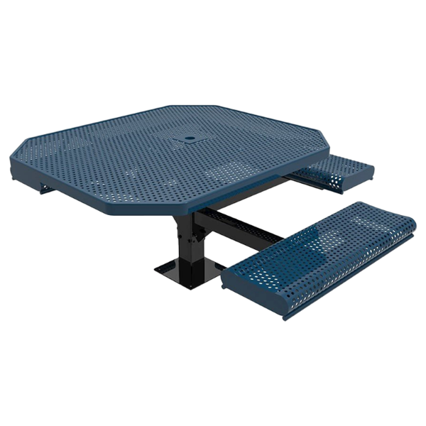 ELITE 46" x 63" ADA Compliant Octagon Thermoplastic Coated Perforated Steel Rolled Pedestal Picnic Table with 3 Attached Seats