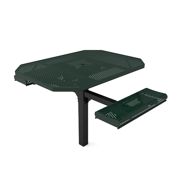 ELITE 46" x 63" ADA compliant octagon thermoplastic coated perforated steel picnic table in green with two rolled seats and in-ground pedestal frame