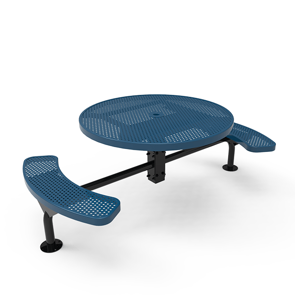 Surface Mount - Perforated Metal - RHINO 46” Nexus Round Thermoplastic Polyolefin Coated Pedestal Steel Picnic Table with 2 Attached Seats