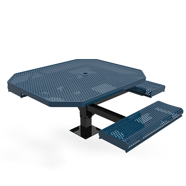 Surface Mount - Perforated Metal - RHINO 46” Octagon Thermoplastic Polyolefin Coated Pedestal Picnic Table with 3 Rolled Seats