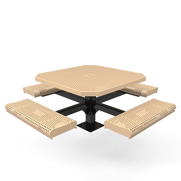 Surface Mount - Perforated Metal - RHINO 46” Octagon Thermoplastic Polyolefin Coated Pedestal Picnic Table with Rolled Seats