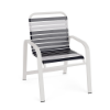 Horizon commercial outdoor dining chair with white aluminum frame and contrasting navy and white vinyl strap seat and back