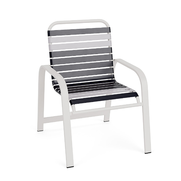 Horizon commercial outdoor dining chair with white aluminum frame and contrasting navy and white vinyl strap seat and back