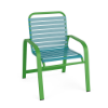Horizon commercial outdoor dining chair with lime green aluminum frame and turquoise vinyl strap seat and back