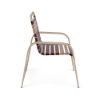 Side view of Horizon commercial outdoor dining chair with antique beige aluminum frame and camel and terracotta vinyl straps