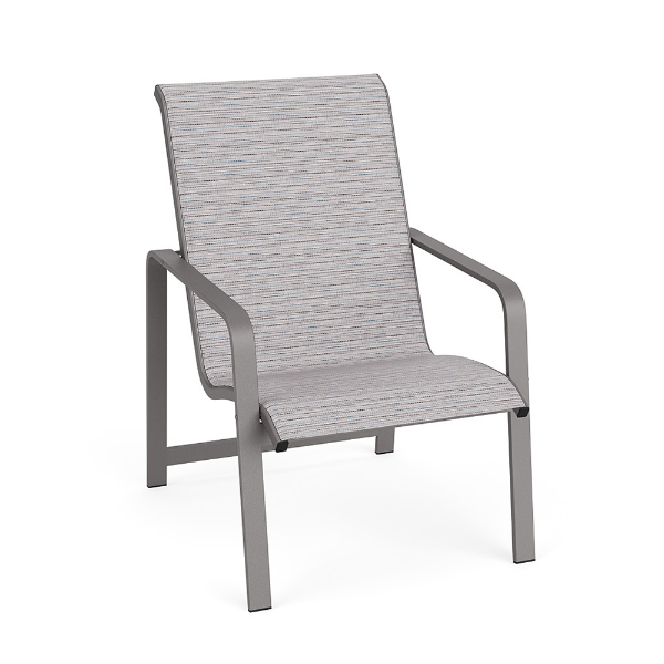 Horizon stackable aluminum outdoor dining chair with Titanium Gray frame and Broadway Wave sling seat and back