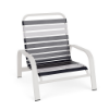Horizon stackable commercial outdoor sand chair with white aluminum frame and contrasting navy and white vinyl strap seat and back