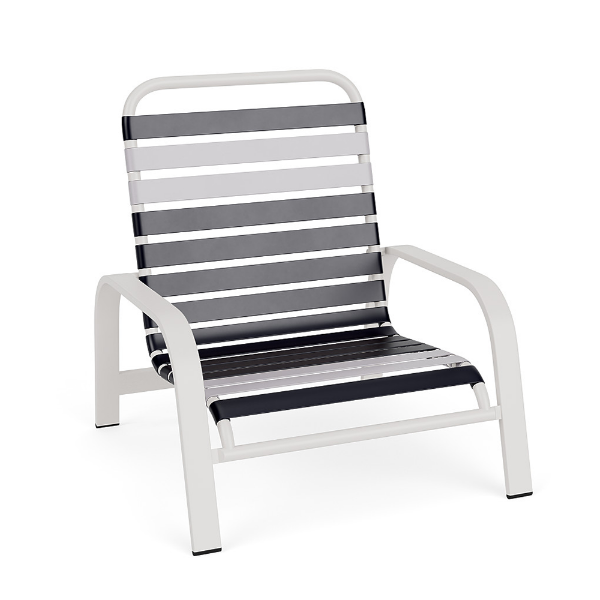 Horizon stackable commercial outdoor sand chair with white aluminum frame and contrasting navy and white vinyl strap seat and back