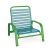 Horizon stackable commercial outdoor sand chair with lime green aluminum frame and turquoise vinyl strap seat and back