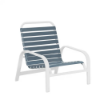 Horizon stackable commercial outdoor sand chair with white aluminum frame and blue-gray vinyl strap seat and back