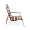 Side view of Horizon low-profile commercial sand chair with antique beige aluminum frame and camel and terracotta vinyl straps