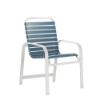 Horizon commercial outdoor dining chair with white aluminum frame, armrests, and blue-gray horizontal vinyl strap seat and back
