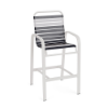 Horizon commercial outdoor bar chair with white aluminum frame and contrasting navy and white vinyl strap seat and back