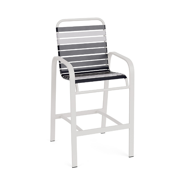 Horizon commercial outdoor bar chair with white aluminum frame and contrasting navy and white vinyl strap seat and back