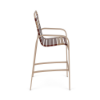 Side view of Horizon commercial outdoor bar chair with antique beige aluminum frame and camel and terracotta vinyl straps