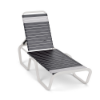 Horizon stackable commercial chaise lounge with white aluminum frame, contrasting navy and white vinyl straps, and adjustable backrest