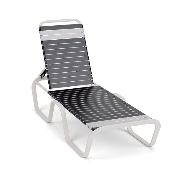 Horizon stackable commercial chaise lounge with white aluminum frame, contrasting navy and white vinyl straps, and adjustable backrest